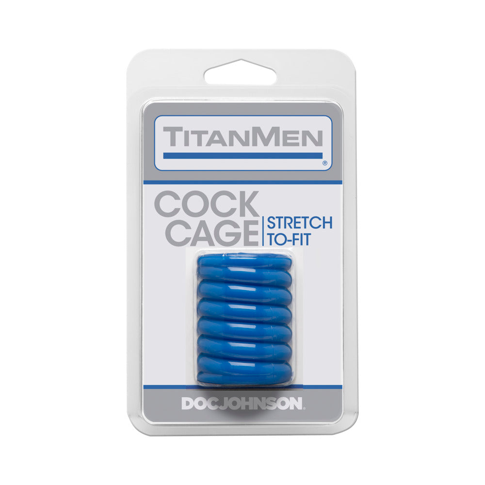 TitanMen - Cock Cage Blue blue ribbed TitanMen cock cage in clear Doc Johnson hanging package
