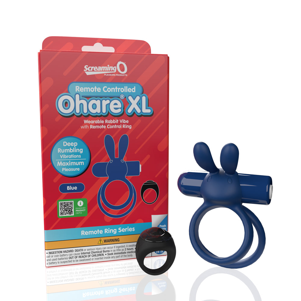 Screaming O Remote Controlled Ohare XL Vibrating Ring Blue blue Ohare XL vibrating double ring with remote beside red hanging box