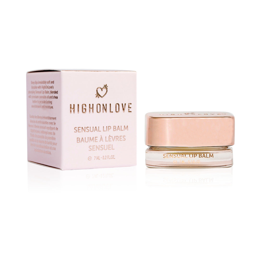 HighOnLove Limited Edition Sensual Lip Balm HighOnLove Sensual Lip Balm in rose-gold jar beside pink carton
