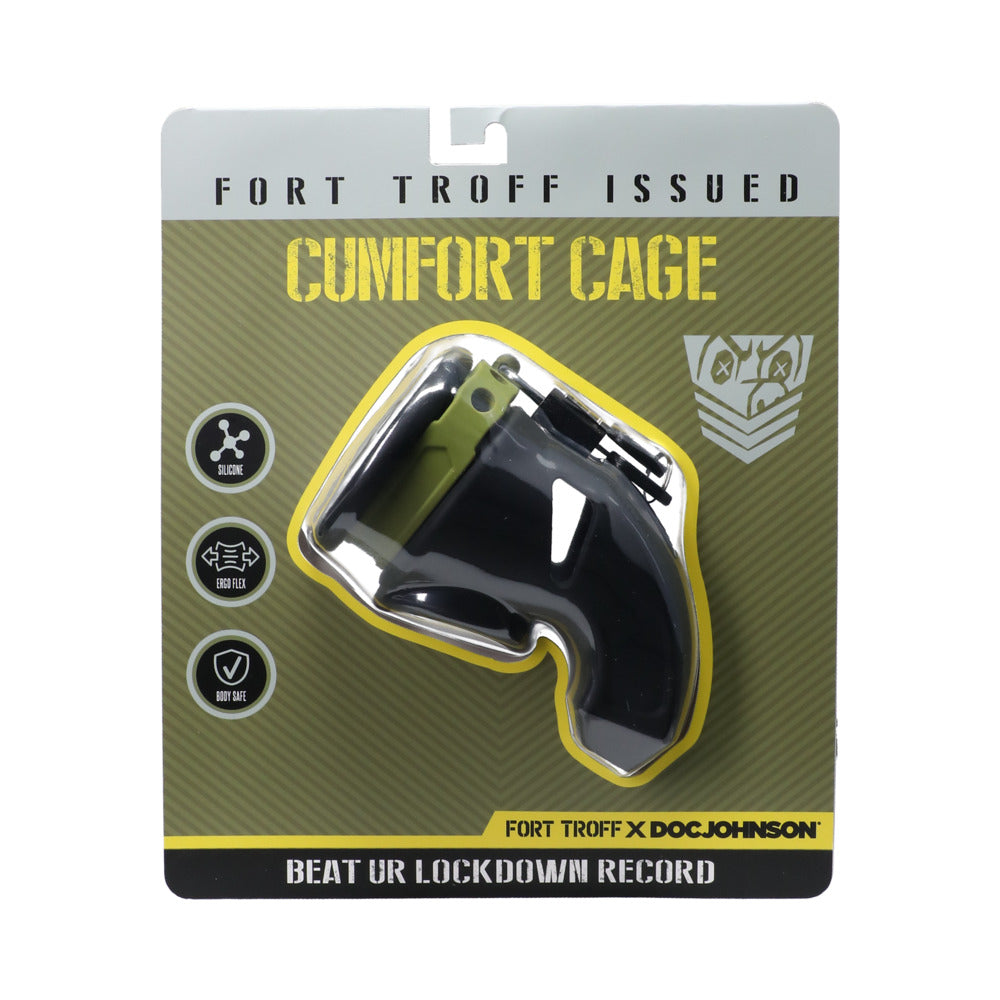 Fort Troff CUMfort Cage Black black Fort Troff CUMfort Cage with silver ring hardware on olive display card