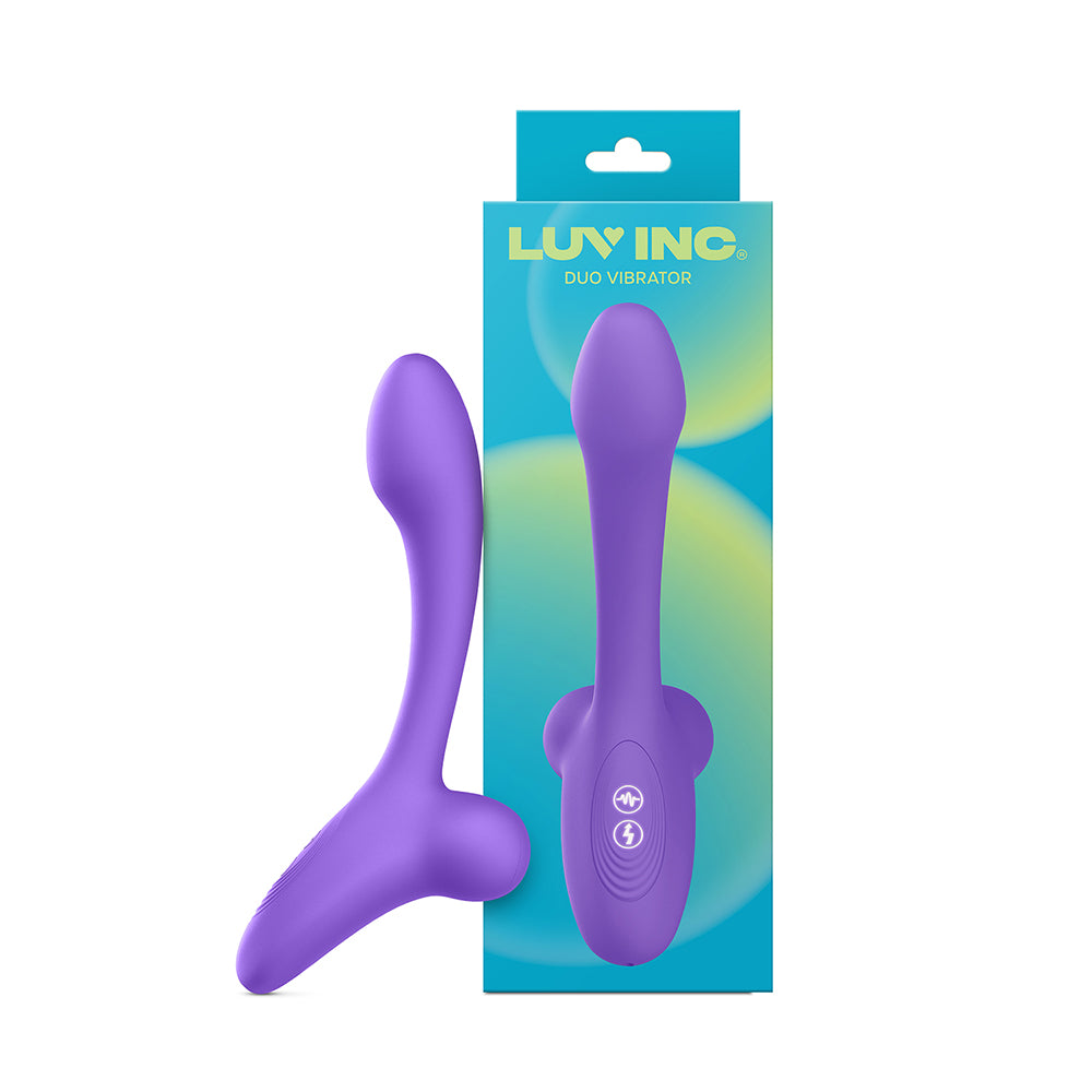 Luv Inc Dv35: Duo Vibrator Purple Purple Luv Inc DV35 two-arm flexible vibrator displayed beside teal package