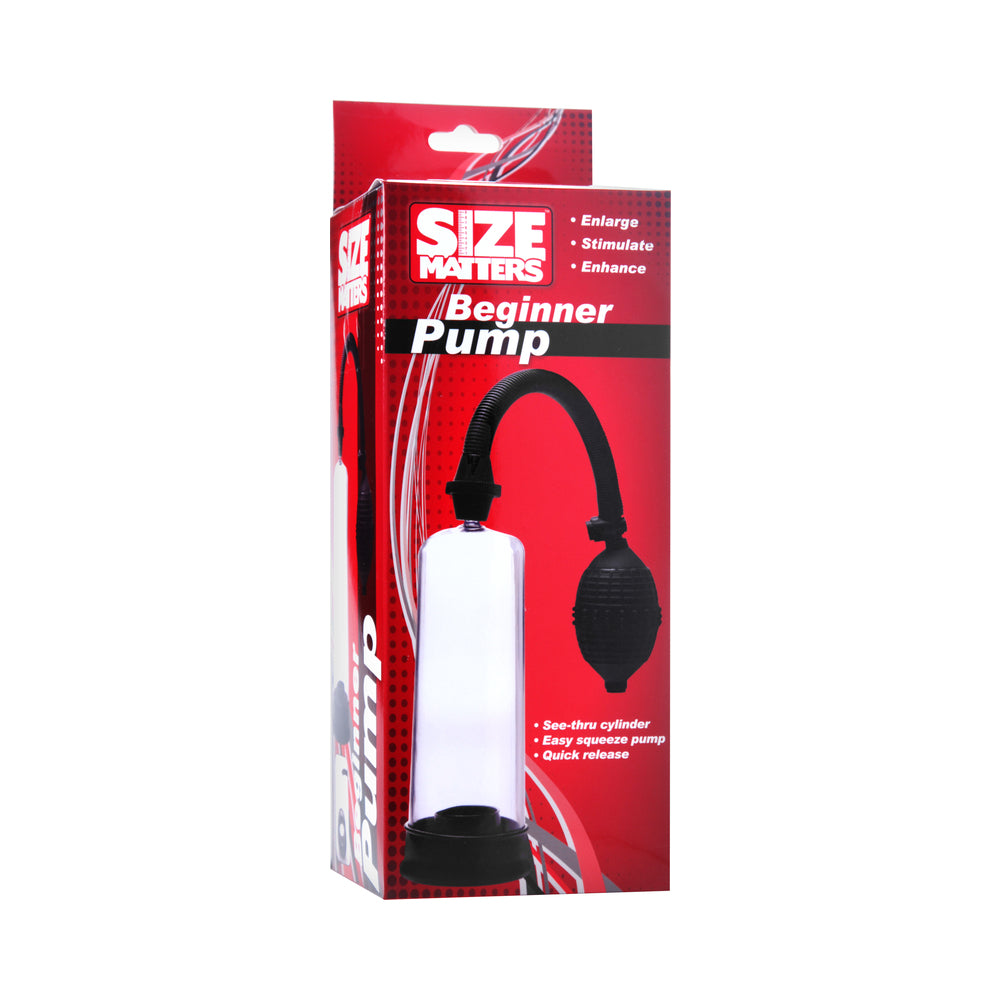 Size Matters Beginner Pump Packaged Clear Size Matters Beginner Pump with clear cylinder black bulb and hose on red box