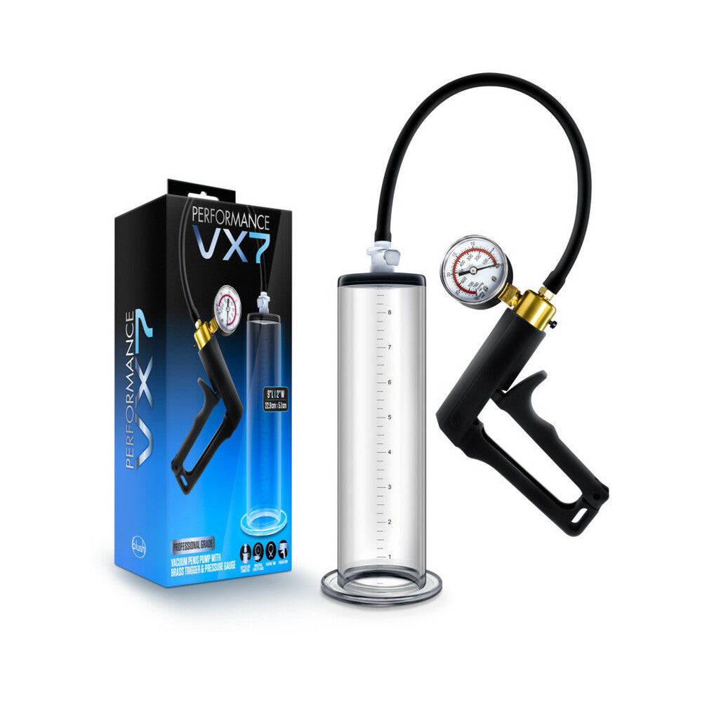 Performance VX7 Vacuum Penis Pump with Brass Trigger & Pressure Gauge Clear Blush Performance VX7 clear cylinder pump system beside retail box