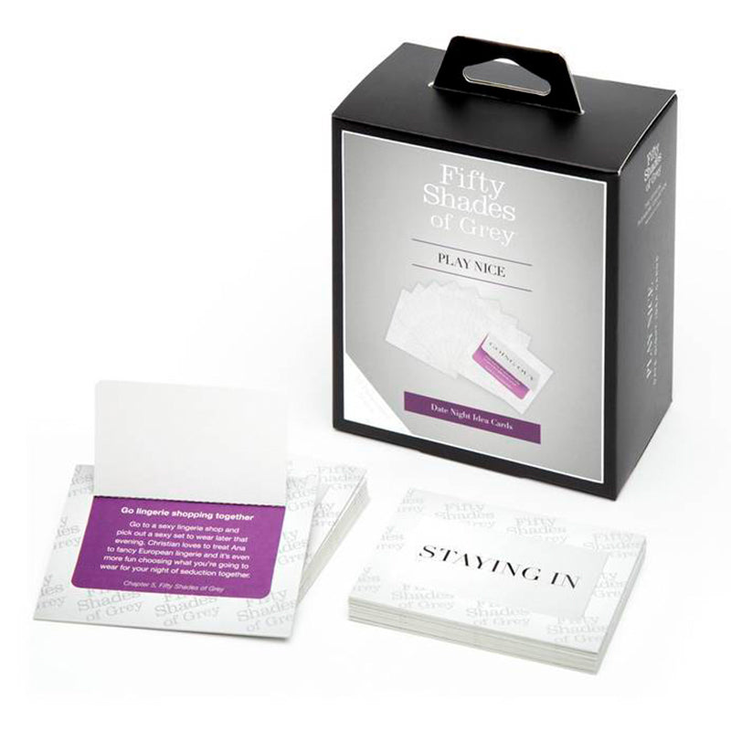Fifty Shades of Grey Play Nice Date Night Idea Card Game Fifty Shades Play Nice box with two card packs and sample cards