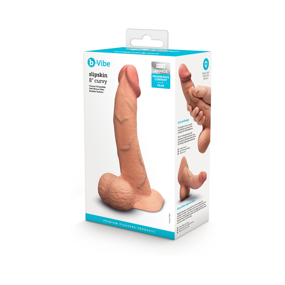 b-Vibe Slipskin Realistic Silicone Dildo 8 in. Curved Mocha b-Vibe Slipskin Curvy 8-inch dildo shown in retail box