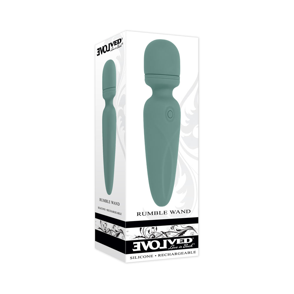 Evolved Rumble Wand Rechargeable Vibrating Mini Wand Silicone Green Green Evolved Rumble Wand mini vibrator pictured in white retail box