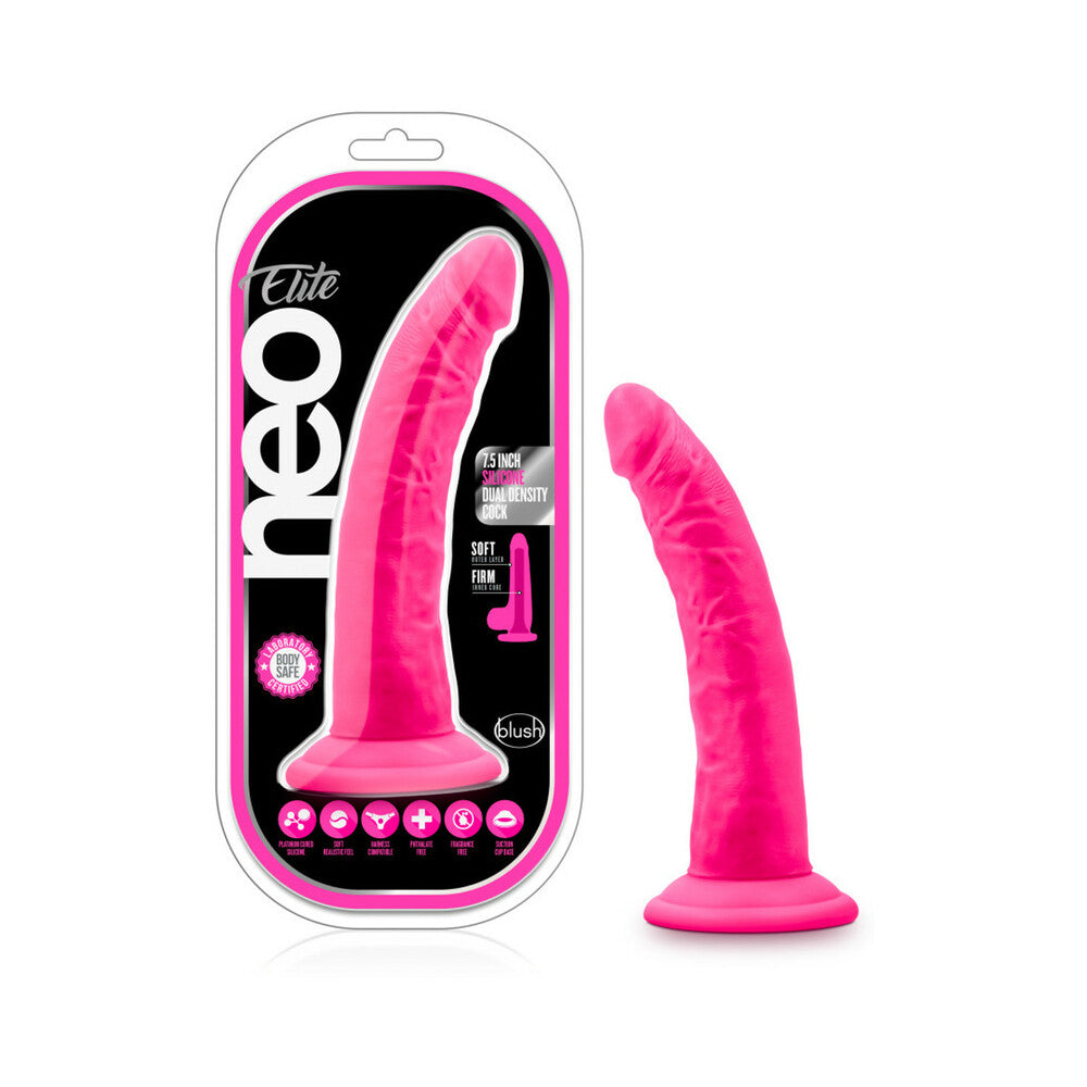 Neo Elite 7.5 in. Silicone Dual Density Dildo Neon Pink Blush Neo Elite neon pink curved dildo beside black-and-pink clear retail package