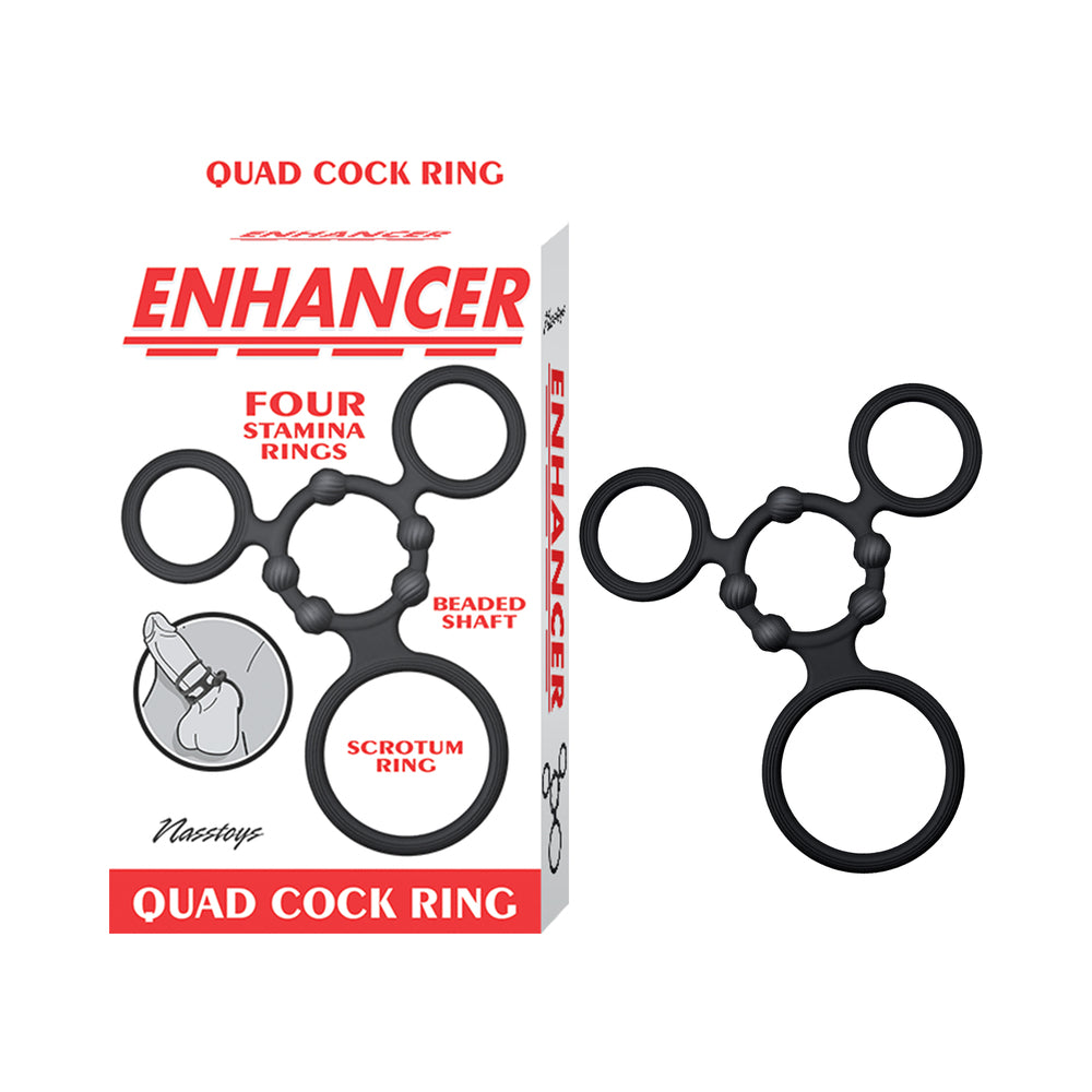 Enhancer Quad Cockring Black Black Enhancer Quad four-ring design beside retail card