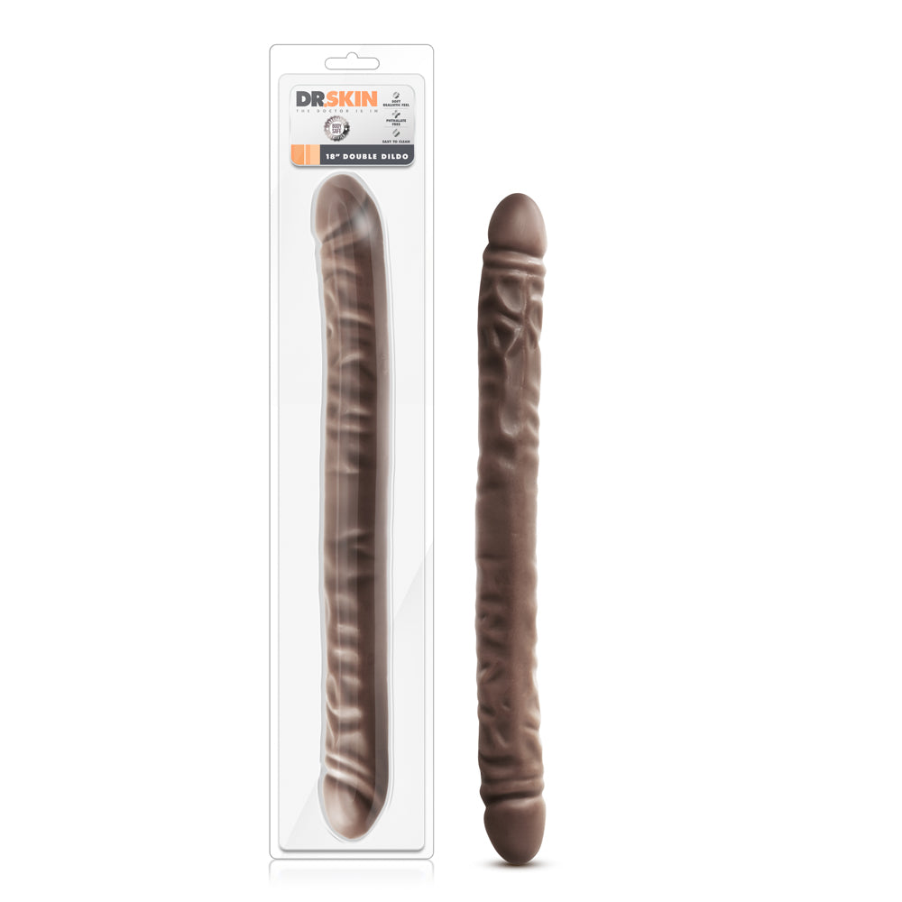 Dr. Skin 18 in. Double Dildo Brown Blush Dr. Skin dark brown 18-inch double dildo beside tall clear retail package
