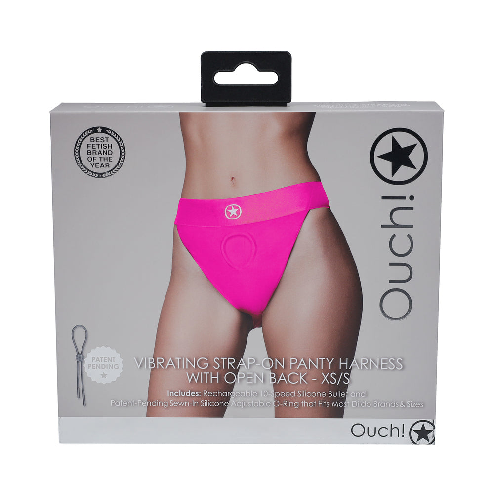 Ouch! Vibrating Strap-on Panty Harness with Open Pink Black XS/S hot pink Ouch open-back strap-on harness XS/S pictured on gray box