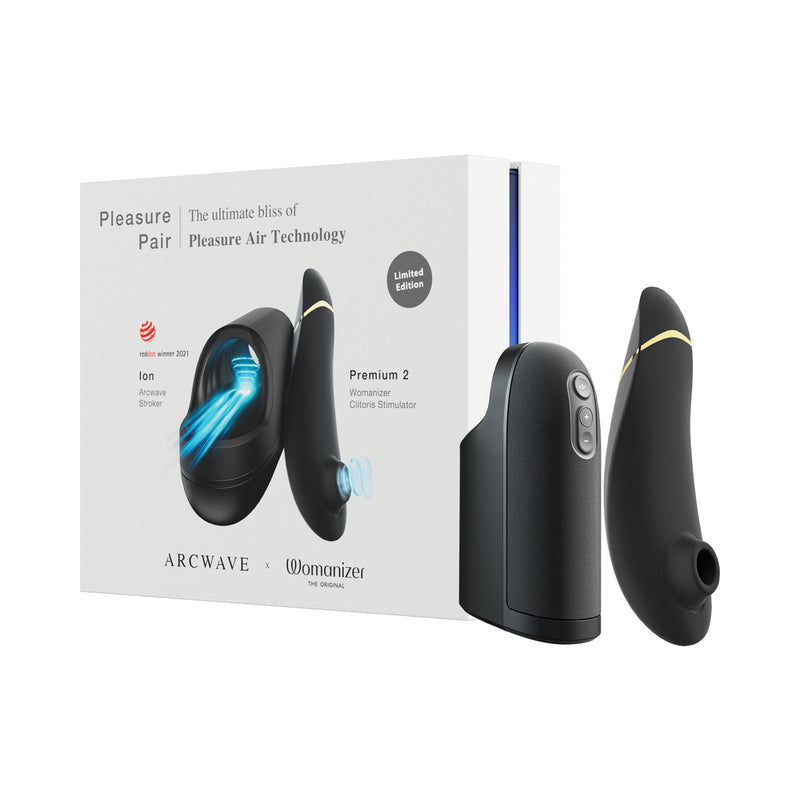 Arcwave x Womanizer Pleasure Pair - Ion + Premium 2 Black black Arcwave Ion and Womanizer Premium 2 beside white Pleasure Pair box