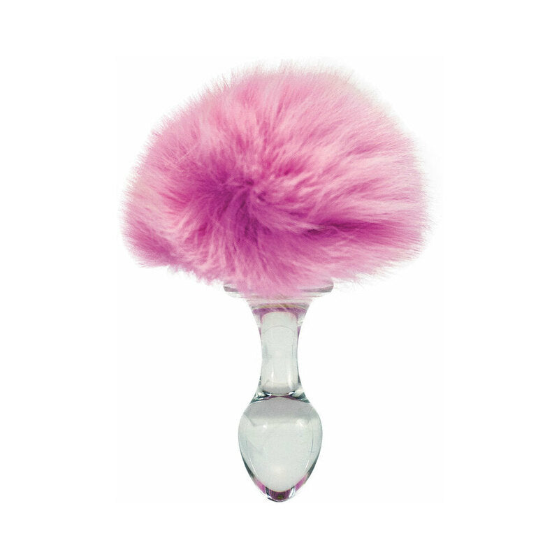 Crystal Delights Magnetic Bunny Tail Plug Pink clear teardrop glass plug topped with bright-pink faux-fur bunny tail