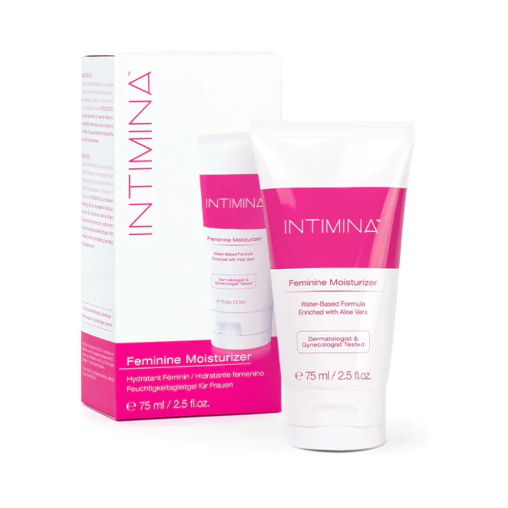 INTIMINA Feminine Moisturizer 75 ml / 2.5 oz. White INTIMINA Feminine Moisturizer tube beside pink and white carton