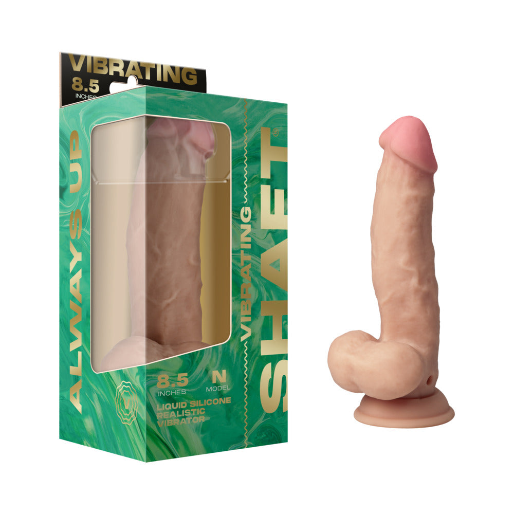Shaft Vibrating Model N: 8.5 in. Dual Density Silicone Dildo Pine Pine Shaft Model N curved 8.5-inch vibrator beside green retail box