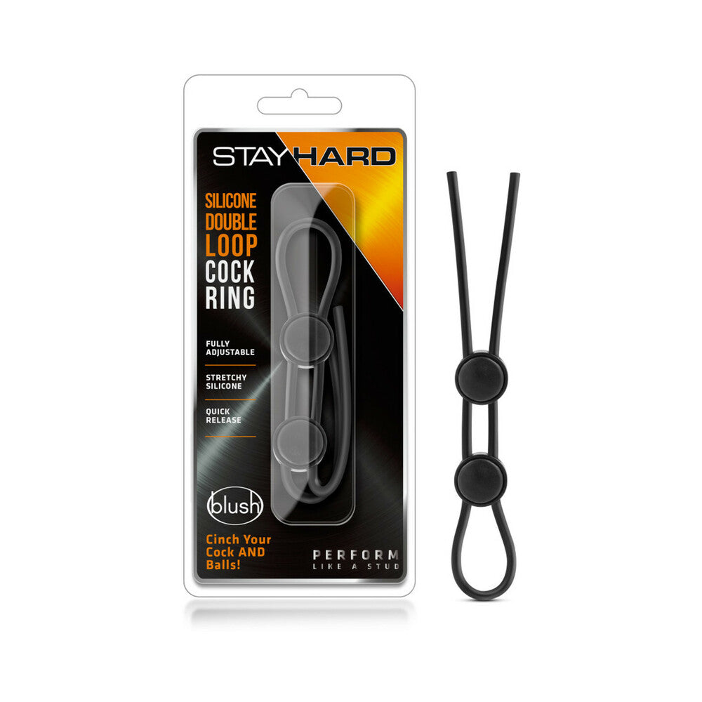 Stay Hard Silicone Double Loop Lasso/Bolo Cockring Black Stay Hard Black Double-Loop Ring beside blister pack