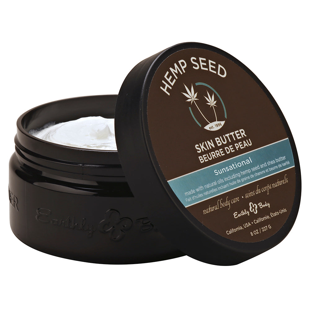 Earthly Body Hemp Seed Sunsational Skin Butter 8oz Earthly Body Sunsational Skin Butter open eight-ounce brown jar