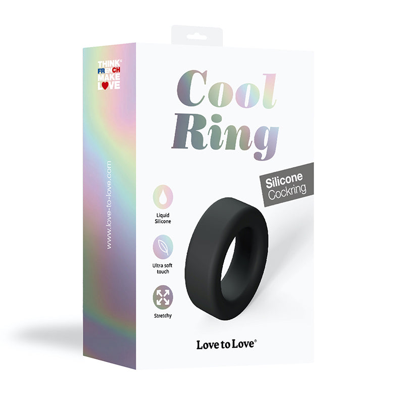 Love to Love Cool Ring Silicone Cockring Noir Black Lovely Planet Cool Ring oval silicone C-ring beside retail box