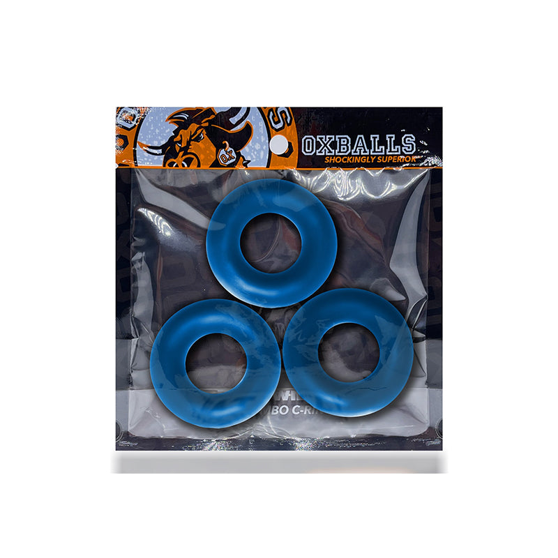 OxBalls Fat Willy 3-Pack Jumbo Cockrings FLEXtpr Space Blue Three OxBalls Fat Willy Space Blue jumbo cock rings in clear retail pouch