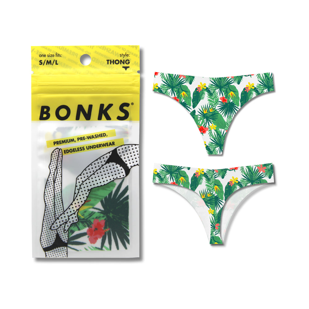 Bonks Tropic Like It''s Hot Seamless Thong O/S Bonks green tropical print seamless thong shown beside yellow package
