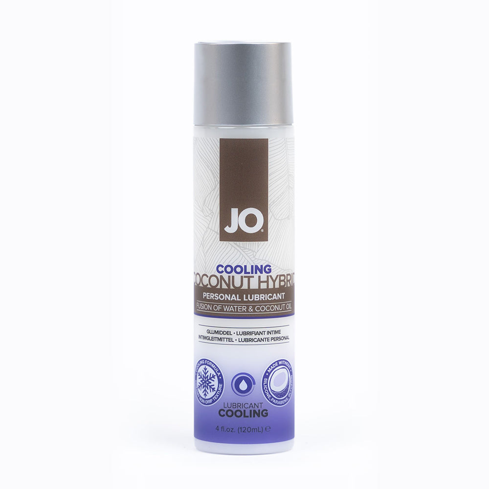 JO Coconut Hybrid Cooling Lubricant 4 oz. System JO Coconut Hybrid Cooling 4 oz silver pump bottle front with blue label