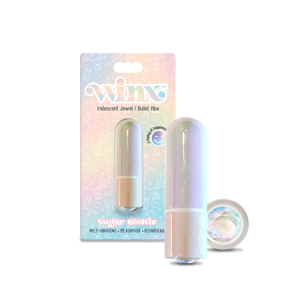 WINX Sugar Cookie Bullet Vibrator with Gemstone Iridescent WINX Sugar Cookie bullet and jewel base displayed beside box