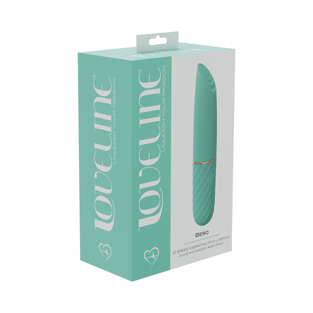 LoveLine Beso 10 Speed Vibrating Mini-Lipstick Silicone Rechargeable Waterproof Green green LoveLine Beso lipstick vibrator pictured on teal box