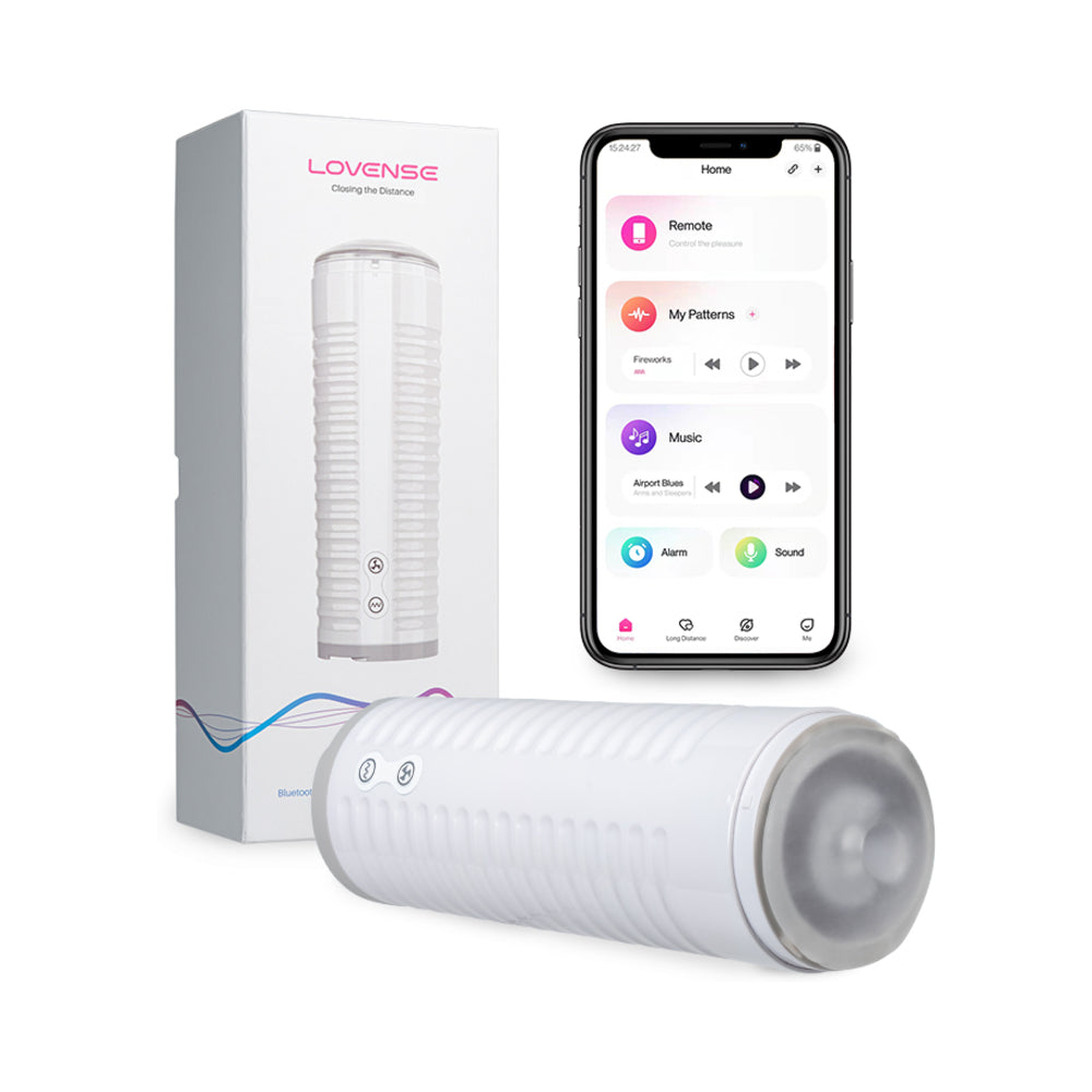 Lovense Max 2 Bluetooth App-Controlled Vibrating and Suction Masturbator (Neutral Sleeve) White Lovense Max 2 with retail box and Lovense Remote app screen