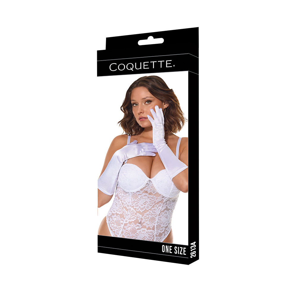 Coquette Gloves White O/S Coquette white one-size gloves displayed on branded retail package