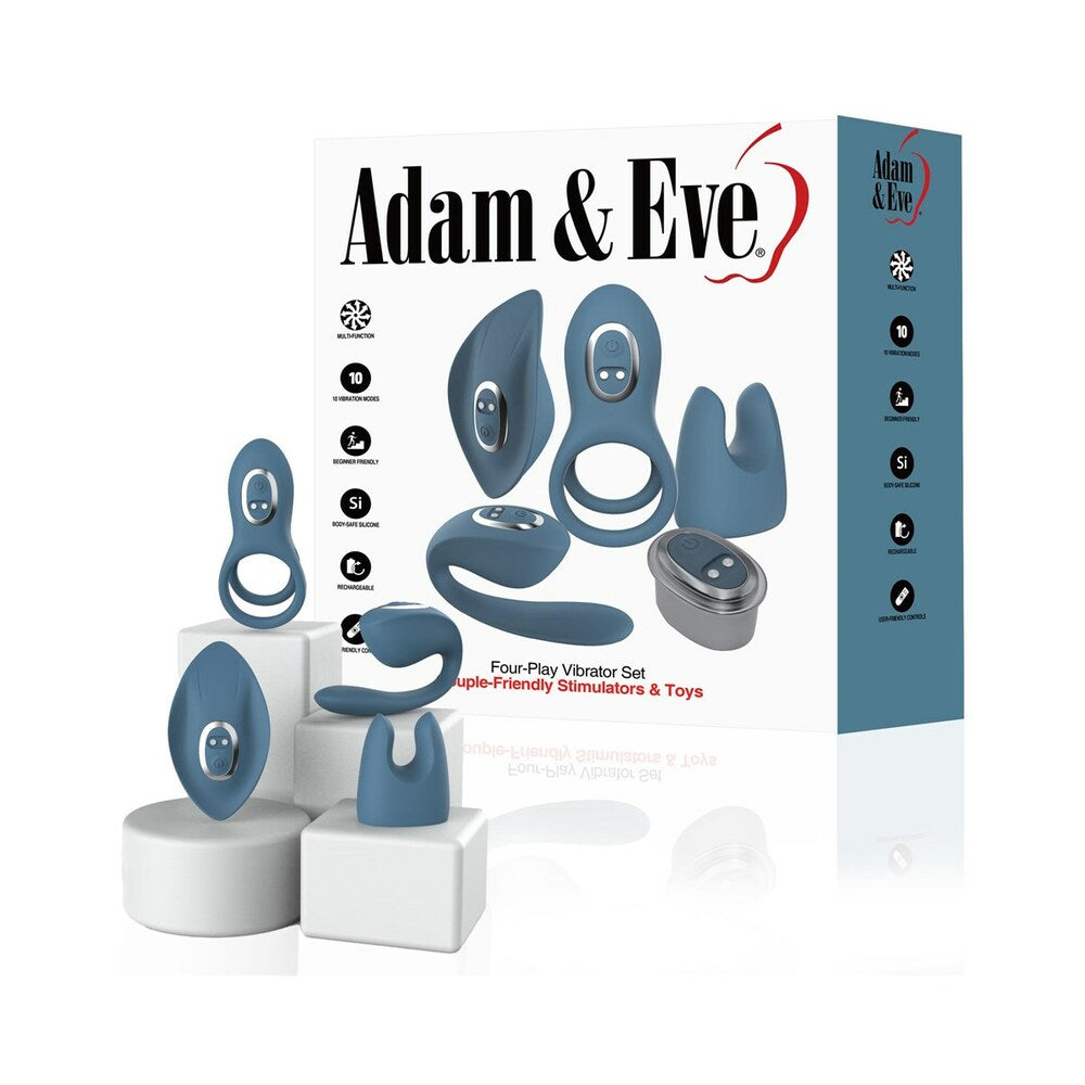 Adam & Eve Four-Play Vibrator Set Adam & Eve Four-Play blue vibrator set five pieces arranged beside retail box