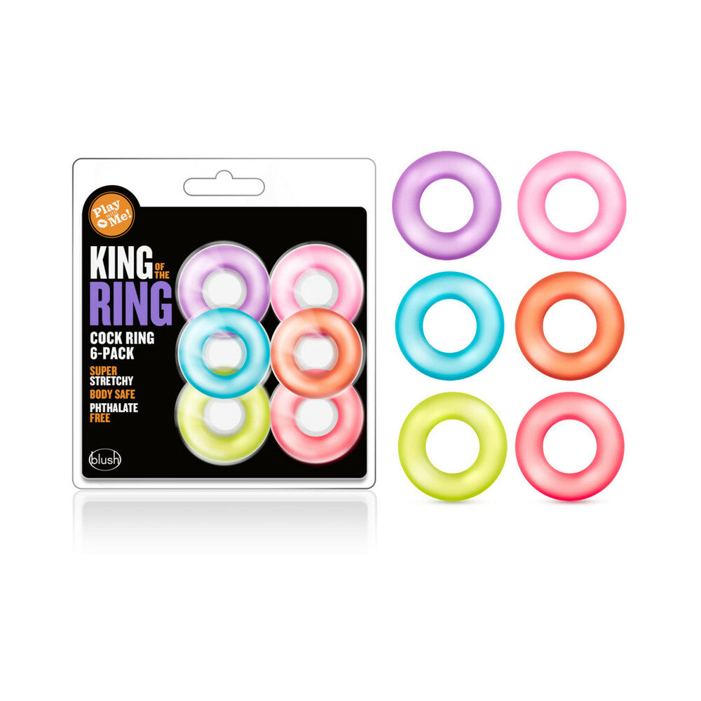 Play with Me King of the Ring Cockring 6-Pack Assorted Colors King of the Ring Six Assorted Rings beside blister pack