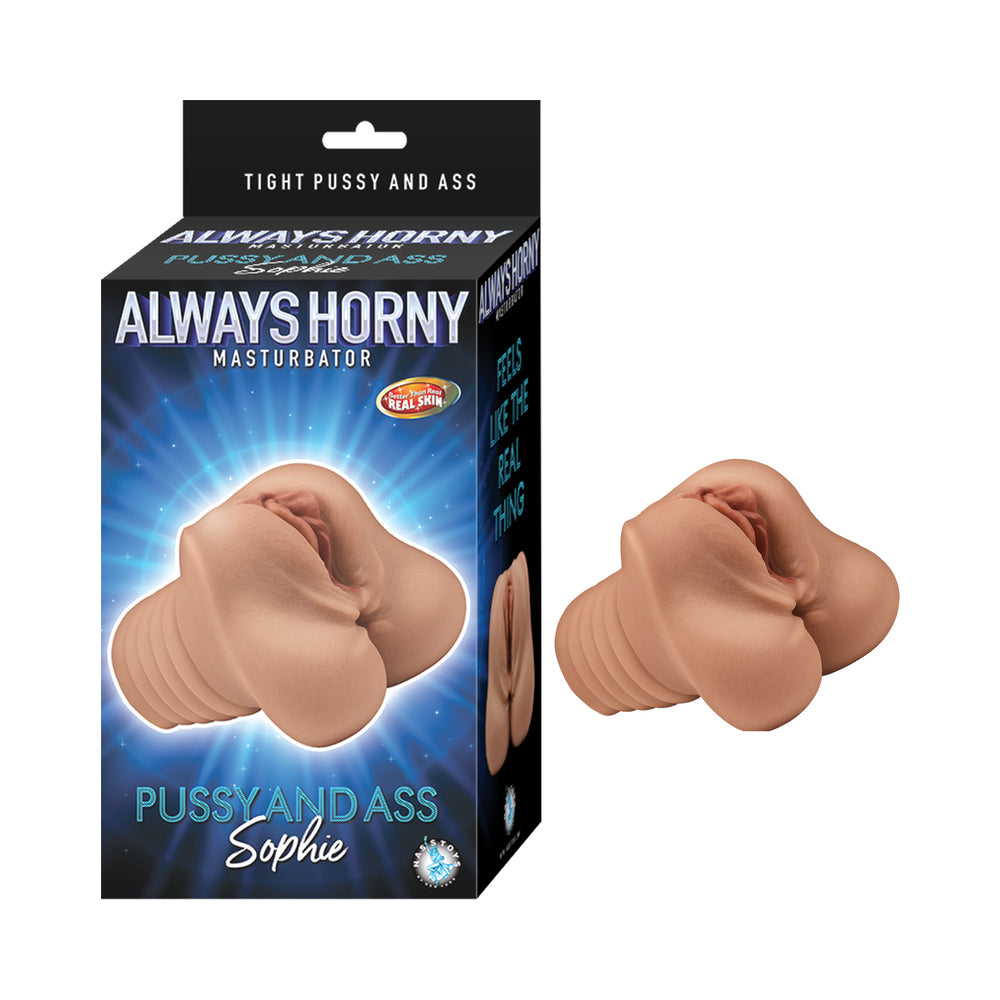 Always Horny Masturbator Pussy & Ass Sophie Brown Brown Always Horny Sophie dual-opening masturbator beside black box