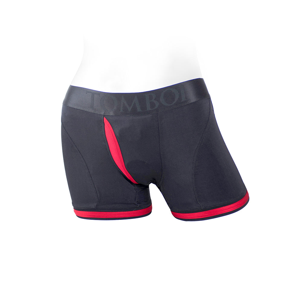 SpareParts Tomboii Nylon Boxer Briefs Harness Black/Red Size 2XL SpareParts Tomboii black and red nylon boxer size 2XL front view with red center opening and leg trim