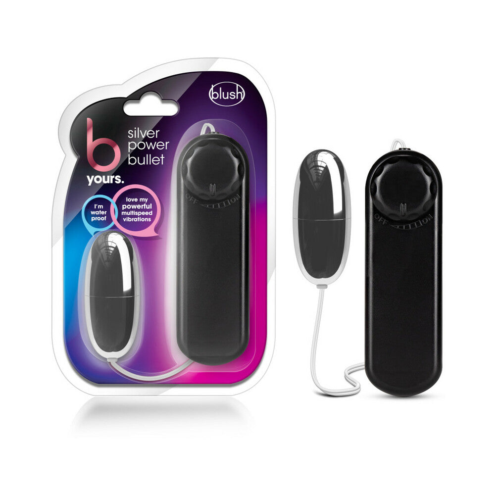 B Yours Silver Power Bullet Remote-Controlled Egg Vibrator Black Blush B Yours Silver Remote Egg Vibrator beside black remote in retail blister pack