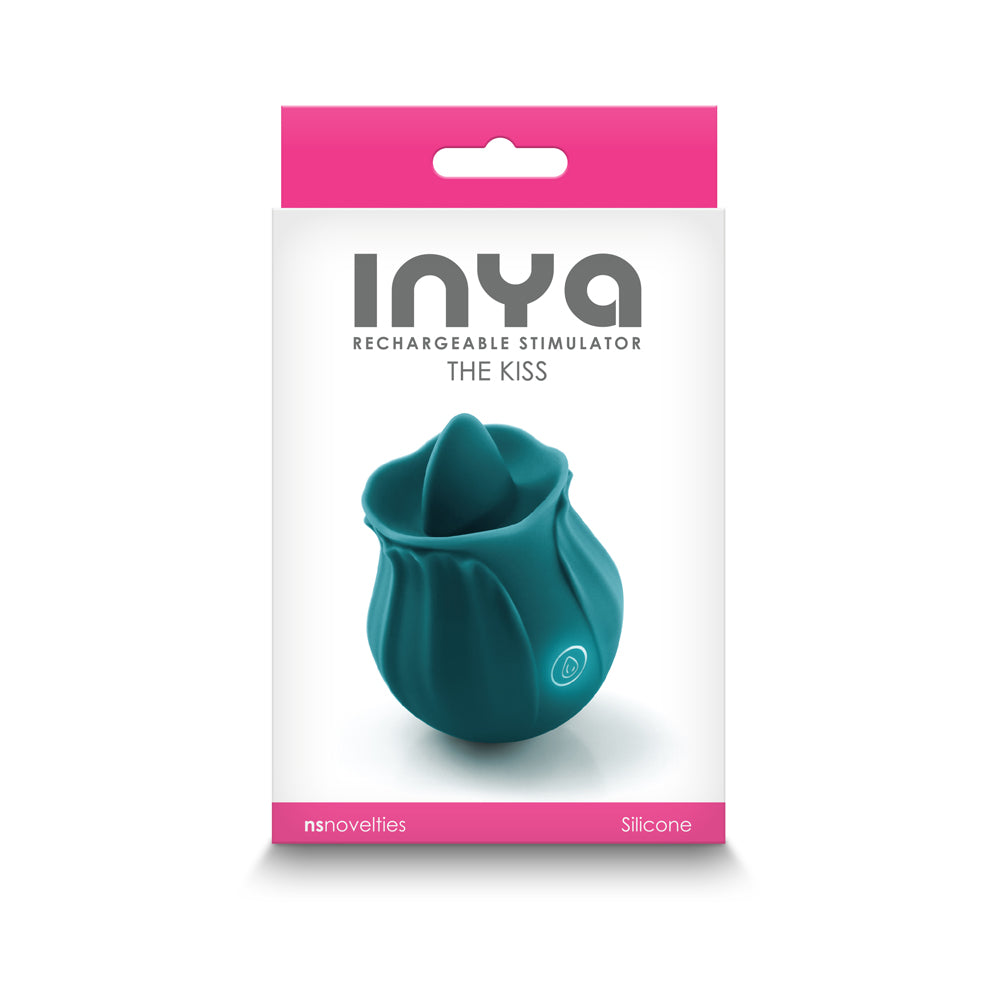 INYA The Kiss Rechargeable Stimulator Dark Teal INYA The Kiss dark teal stimulator in white and pink retail box