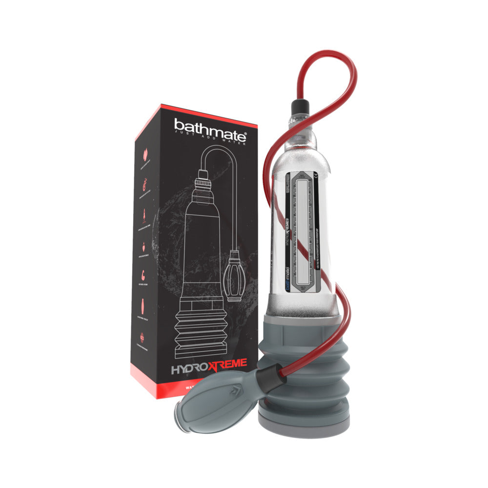 Bathmate HYDROXTREME9 Clear Bathmate HydroXtreme9 Clear penis pump retail box beside tall transparent cylinder, red hose and gray handball