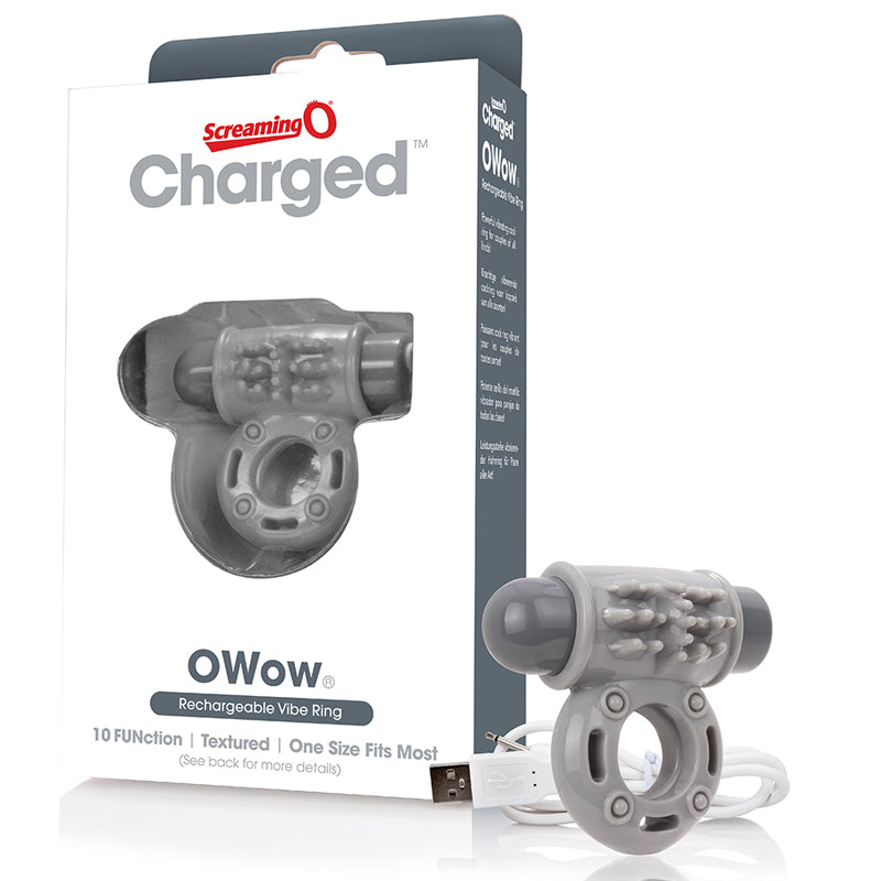 Screaming O Charged OWow Vooom Vibrating Cock Ring - Grey Screaming O Charged OWow Gray Vibrating Ring beside white gray retail carton and USB cable