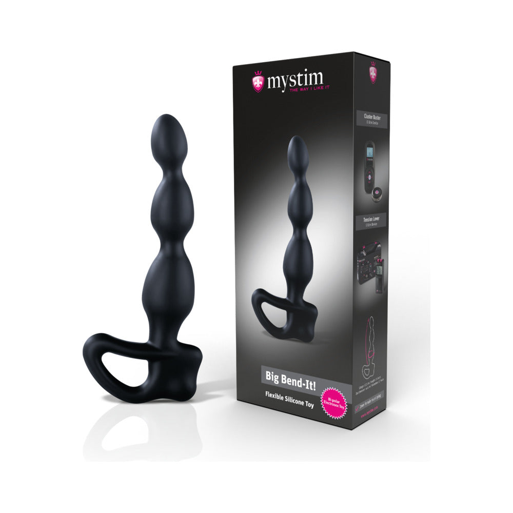 Mystim Big Bend-it E-Stim Flexible Prostate Stimulator Mystim Big Bend-it black prostate stimulator with three bulbous sections and ring handle beside box