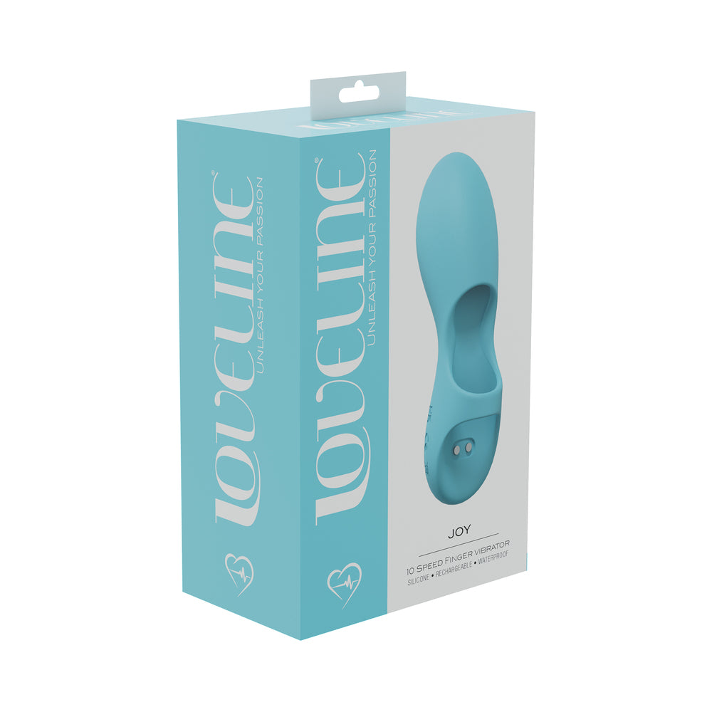 LoveLine Joy 10 Speed Finger Vibe Silicone Rechargeable Waterproof Blue teal LoveLine Joy finger vibrator with open loop pictured on aqua box