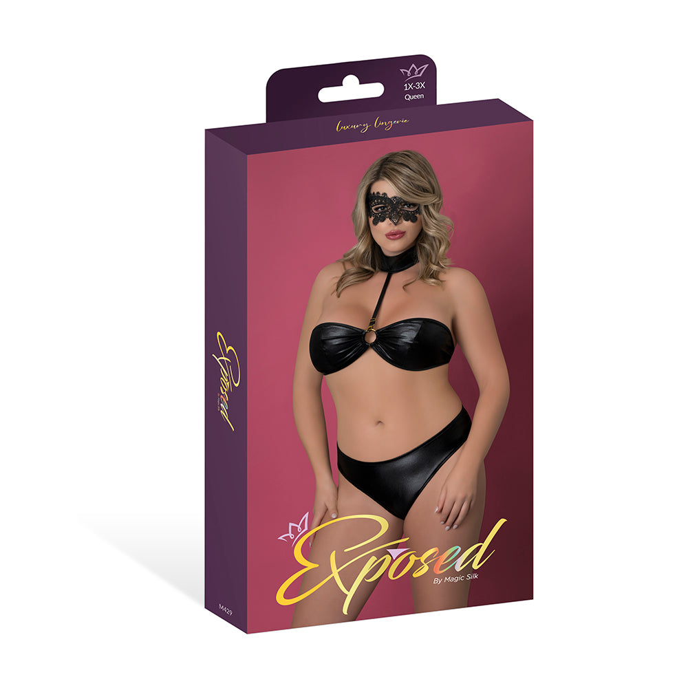 Magic Silk Sinful Bandeau with Removable Choker, Panty & Mask Set Black Queen Size Magic Silk Sinful black bandeau set Queen displayed in purple retail packaging