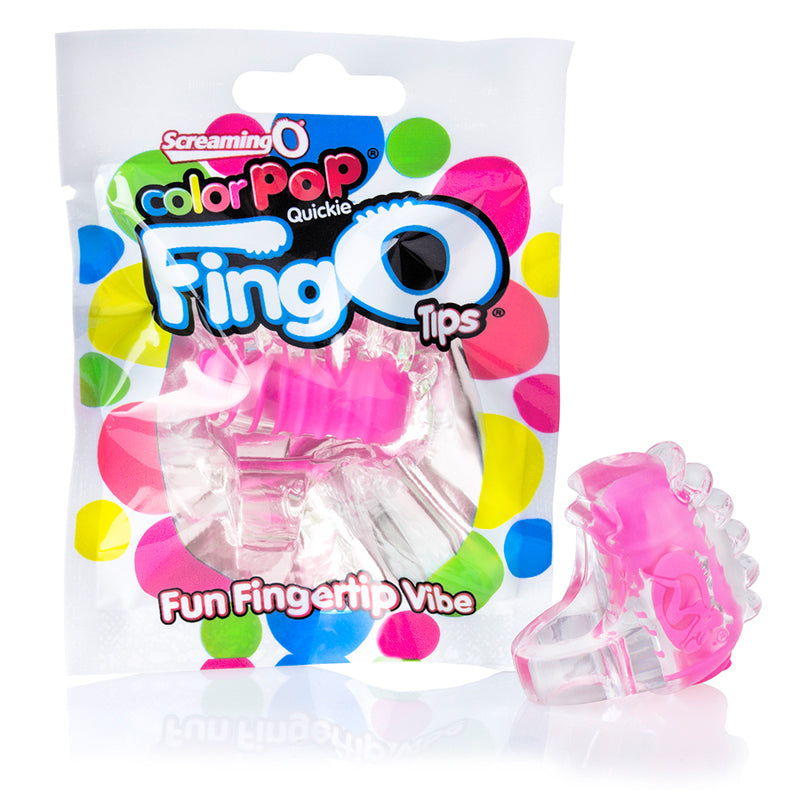 Screaming O ColorPop FingO Tip Pink ColorPop FingO Tip Pink finger vibrator beside colorful retail pouch