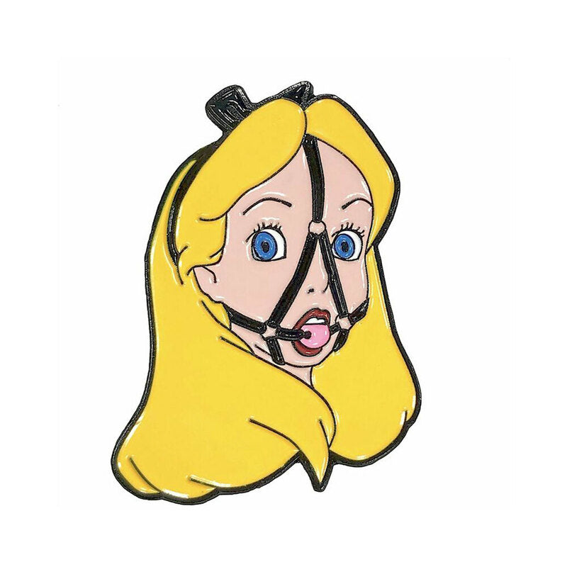 Geeky & Kinky Lady In Wonderland Enamel Pin yellow-haired Lady in Wonderland soft-enamel pin with black facial harness