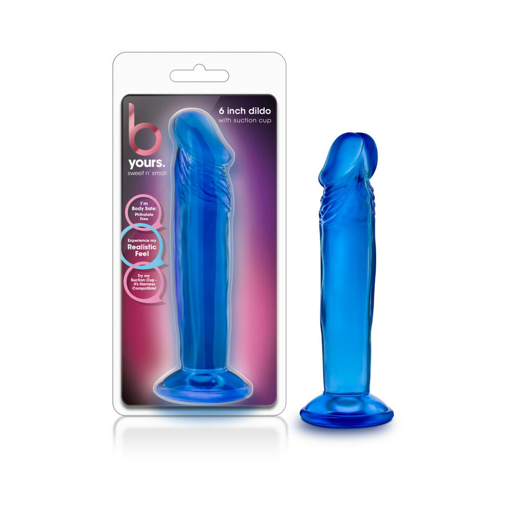 B Yours Sweet n'' Small 6 in. Dildo Blue Blush Sweet N Small blue 6-inch dildo beside clear retail package