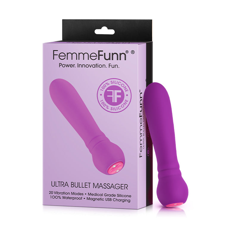 FemmeFunn Ultra Bullet Massager Rechargeable Silicone Vibrator Purple FemmeFunn Ultra Purple Bullet Vibrator purple cylindrical bullet beside purple white retail carton