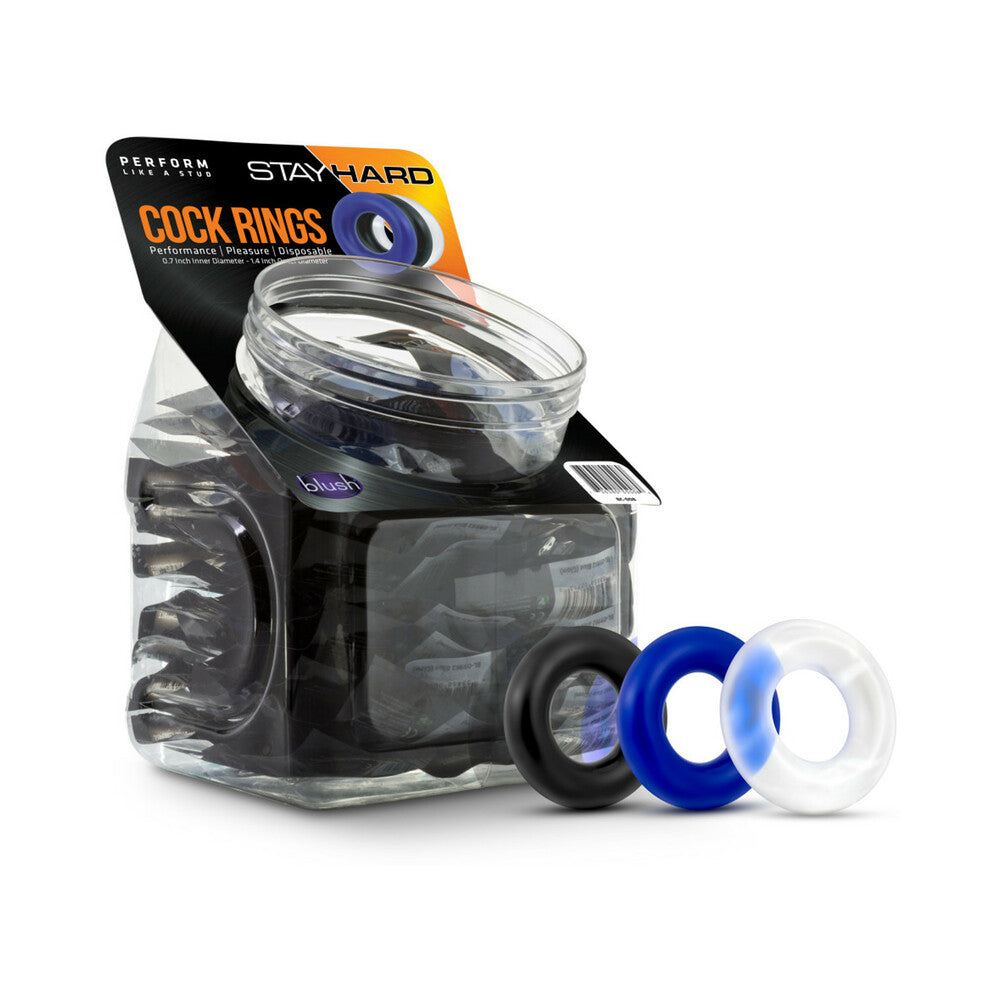 Stay Hard Donut Rings 50-Piece Assorted Color Display Stay Hard Donut Rings counter display with black blue and clear rings