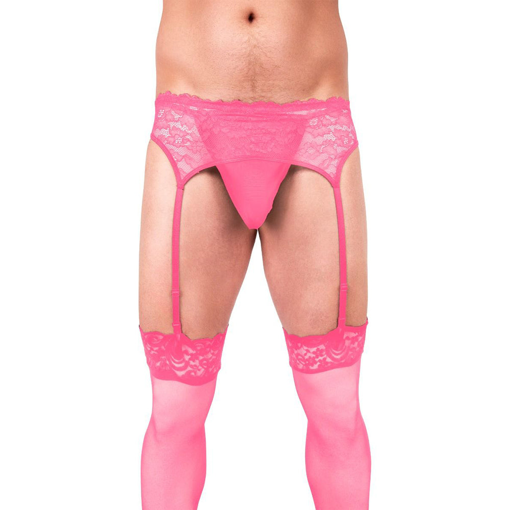 Prowler Lace Garter Set Pink 2XL Front view of 2XL Prowler pink lace garter set