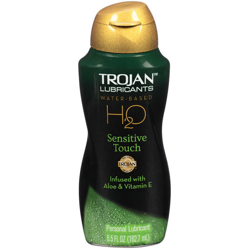 Trojan Lubricants H2O Sensitive Touch 5.5oz. Trojan H2O Sensitive Touch Lubricant black contoured bottle with gold cap and green label