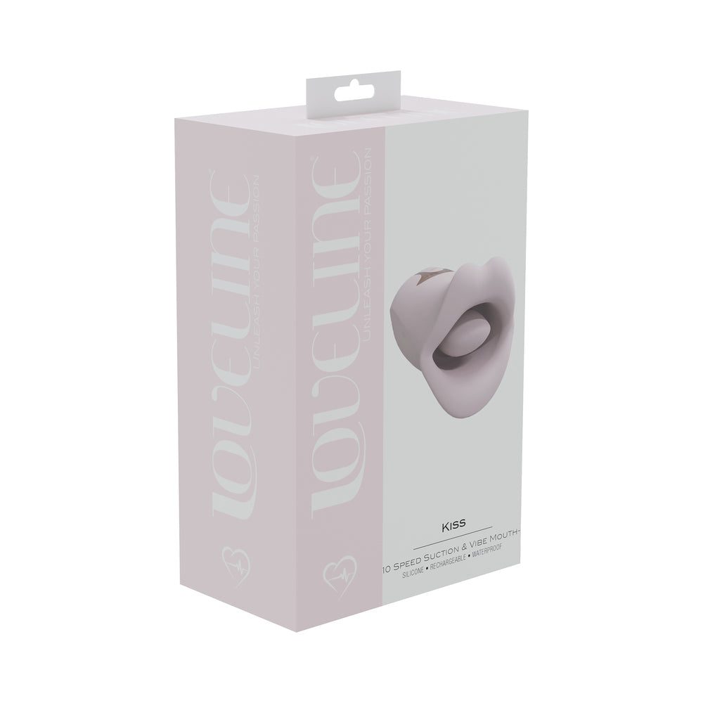 LoveLine Kiss 10 Speed Suction and Vibrating Mouth Silicone Rechargeable Waterproof Pink light pink LoveLine Kiss mouth-shaped massager in pale pink box