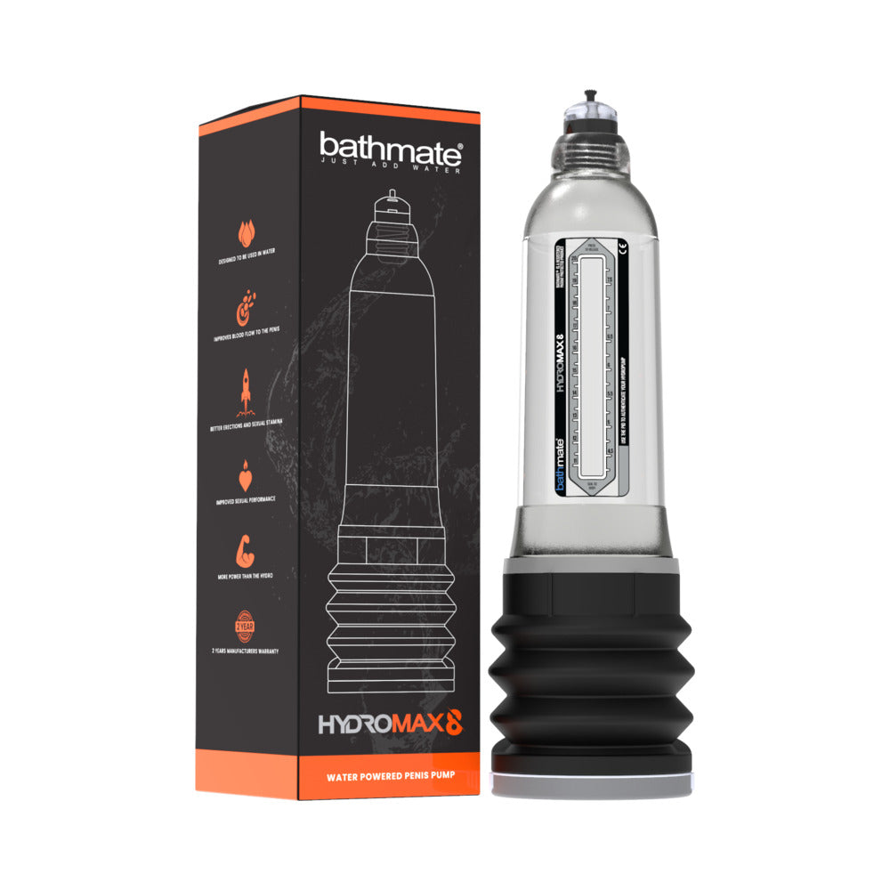 Bathmate Hydromax8 Clear Bathmate Hydromax8 clear cylinder with black accordion base beside box