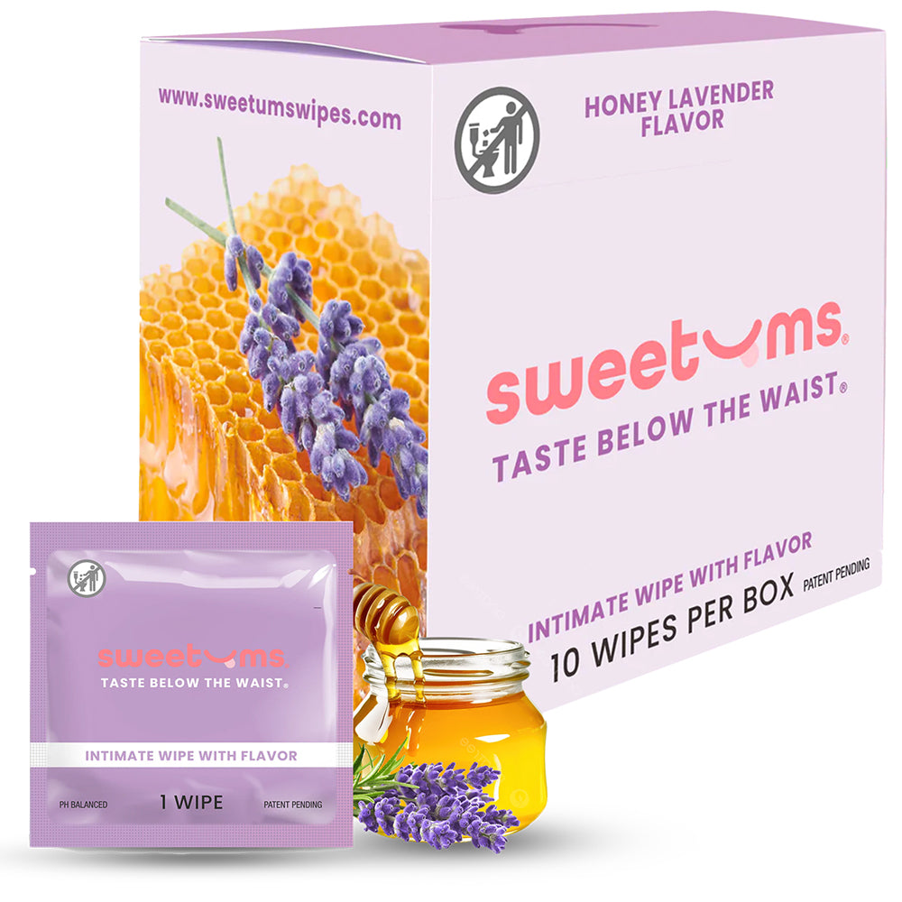 Sweetums Intimate Wipes Honey Lavender Flavor 10-Pack Sweetums Honey Lavender intimate wipes box, single packet and honey lavender artwork