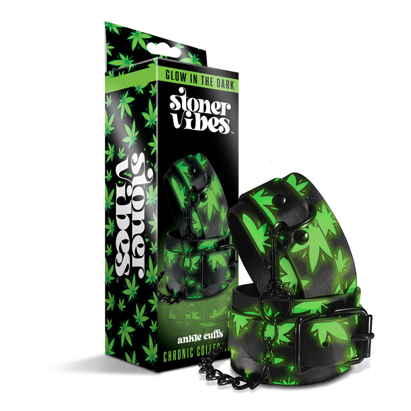 Stoner Vibes Chronic Collection Glow in the Dark Ankle Cuffs Stoner Vibes cannabis ankle cuffs and connecting chain beside box